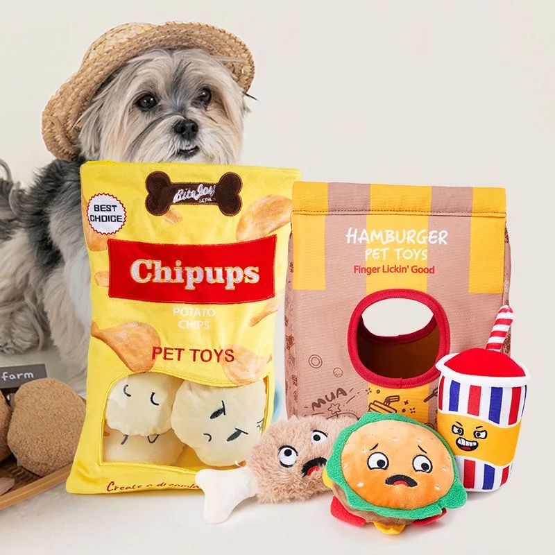 

Plush Pet Chew Toy Potato Chips Hamburgers Beer Set Sound Making Toy Interactive Bite Resistant Grinding Teeth Training Supplies