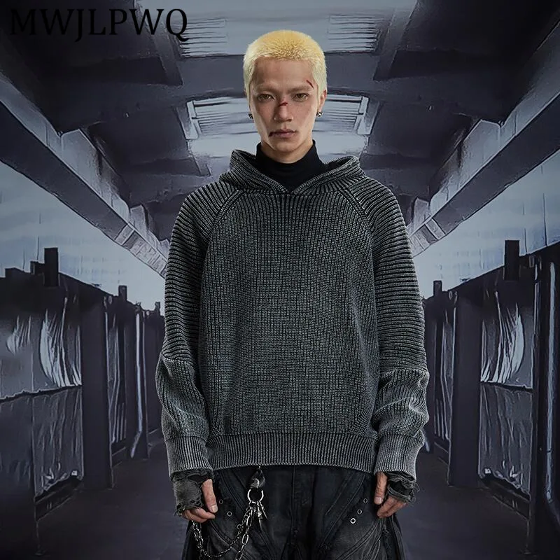 

MWJLPWQ Винтажный вязаный мужской хлопковый свитер с капюшоном High Street, свободный многослойный пуловер на плечах, повседневные топы Tide 12980