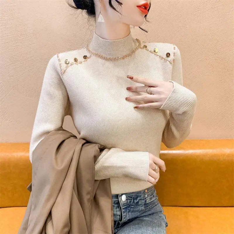 New Retro Semi High Neck Long Sleeved Base Shirt for Women Heavy-duty Nail Drill Slim Fit Knitted Sweater Top