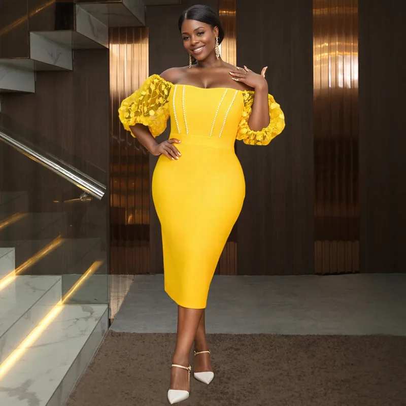 

Am041242sexy Strapless Sheer Lantern Sleeve Dress Fashion Party Cocktail Beaded Slip Dress 2025 Summer Dress Robe Vestido Women