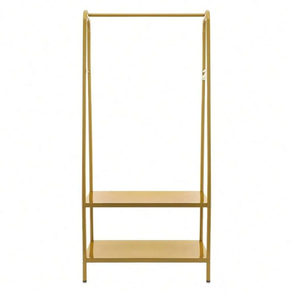 Modern Gold Clothes Rack with Bottom Shelves and 6 Hooks, Heavy Duty Floor Standing Garment Rack Coat Tree, Adjustable Pads, Metal Clothing Storage Organizer for Hanging Coats Jackets Hats Bags Towels, Freestanding Wardrobe Rack for Entryway Bedroom view 3