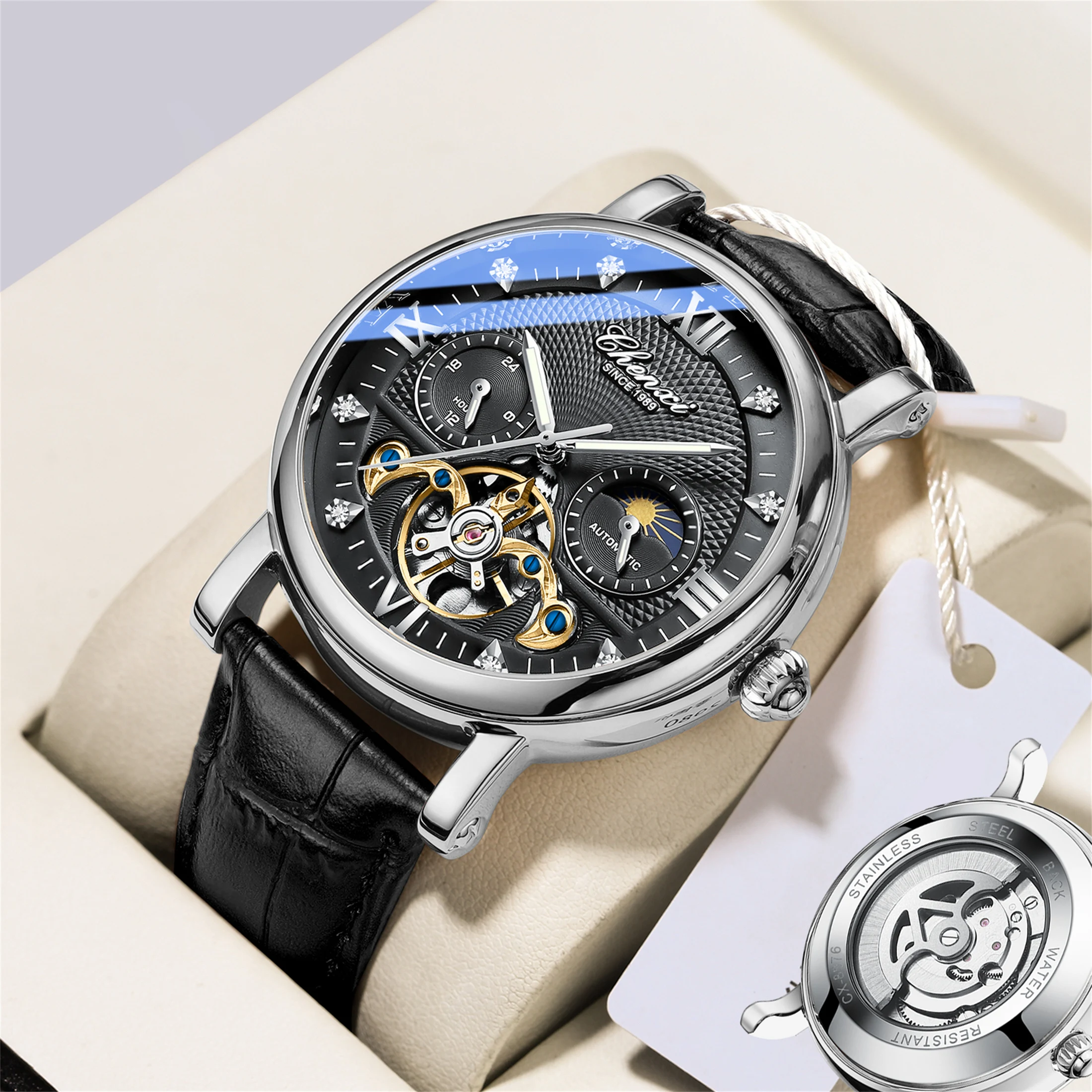 Fashion cool automatic mechanical watch Sun Moon phase tourbillon waterproof leather strap alloy case men\'s watch Relogio Homem