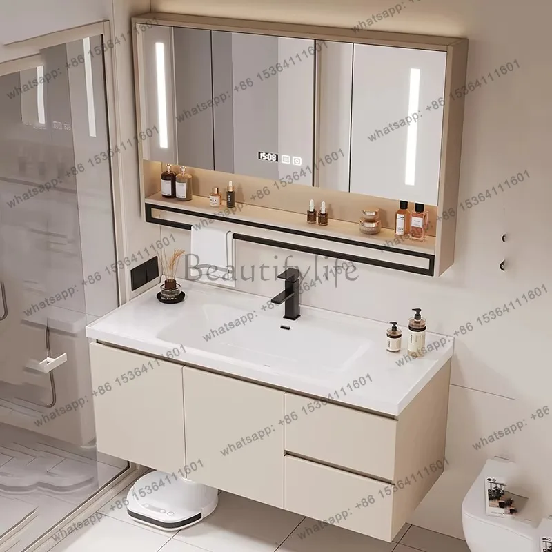 YJ Toilet Simple Bathroom Cabinet Washing Basin Modern Wood Bathroom Cabinet Organizer Led Meuble Salle De Bain Rangement Furnit