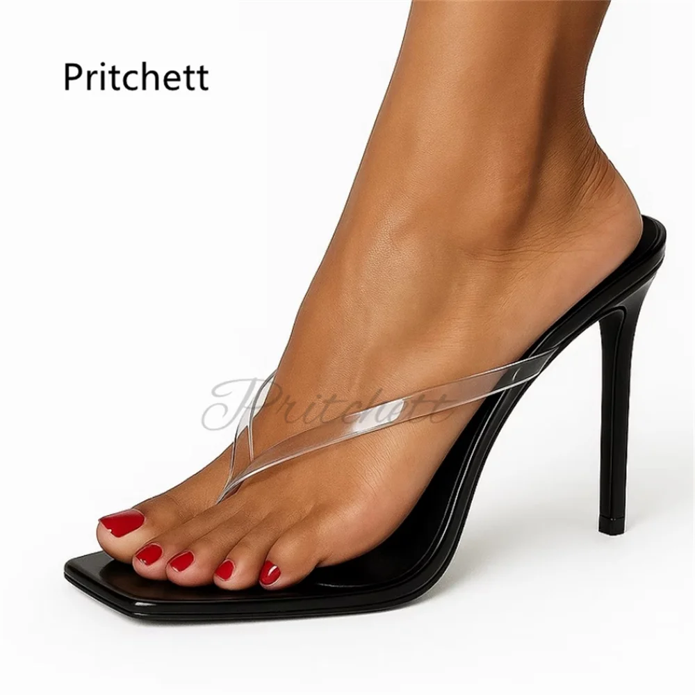 

Pvc Flip Flops Women's High Heels Clip Toe Slippers Square Toe Stiletto Clear Transparent Sandals Summer Shoes Modern Slippers