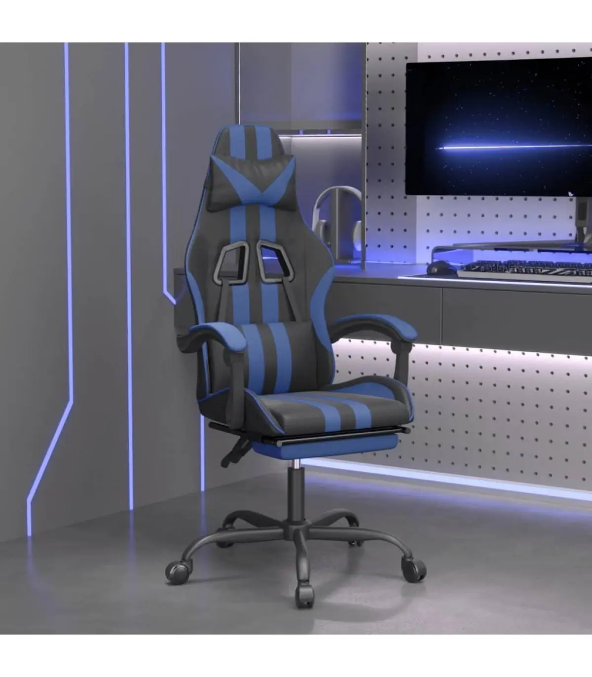 Video game armchairs swivel gaming chair and footrest synthetic leather black blue