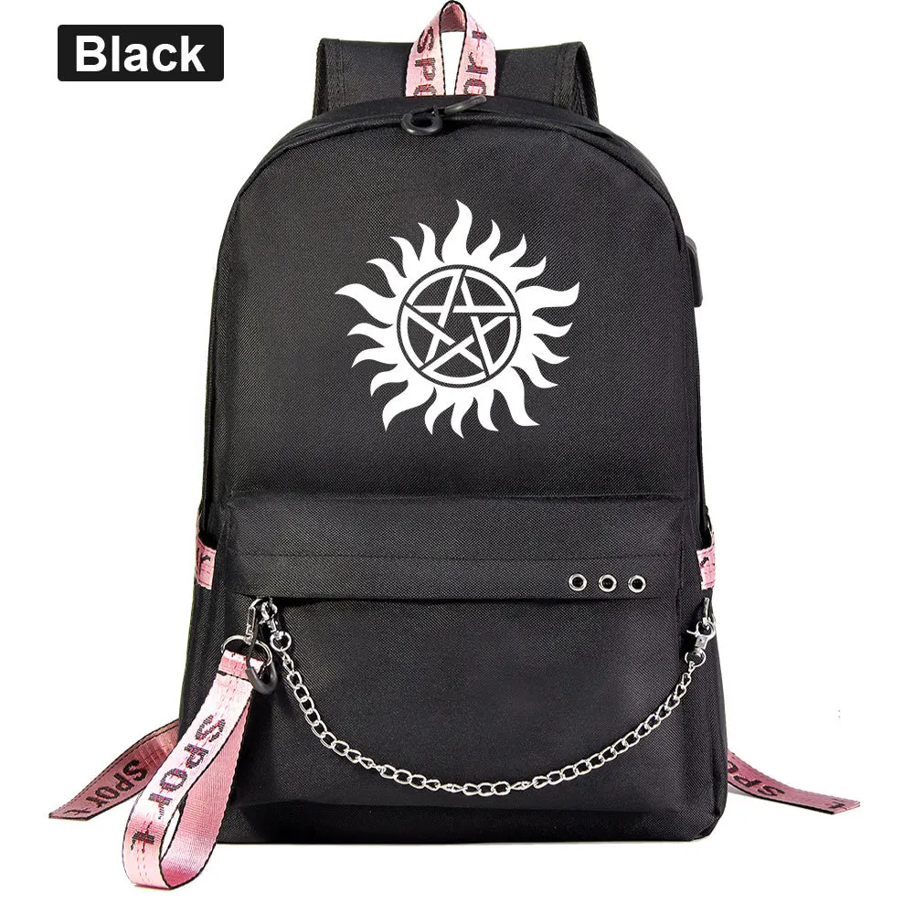 

Anime Supernatural SPN Evil Backpack School Book Bags Travel Boys Girls Laptop Headphone USB Port Daily Mochila