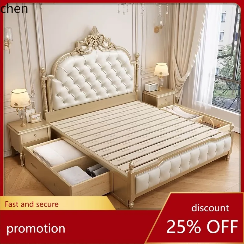 

HT Solid Wood 2.0m Double Princess Bed High-End Master Bedroom Wedding Bed 1.8m Genuine Leather Upholstered Storage Bed