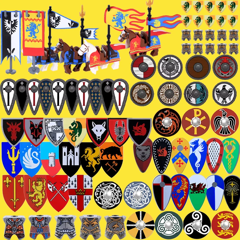 MOC-arma de Castillo militar Medieval, casco de caballero romano, accesorios de escudo, bloques de construcción, dragón verde, León, juguete de ladrillos cruzados