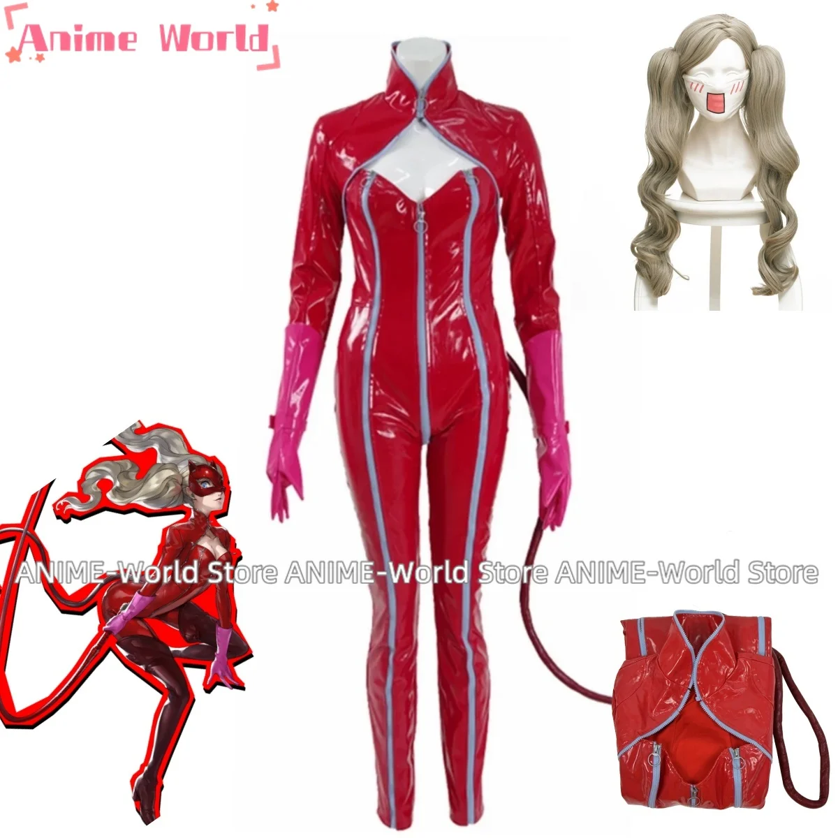 《Custom Size》Unisex Anime Cos Takamaki Ann Panther Cosplay Costumes Outfit Halloween Christmas Uniform Suits Wig