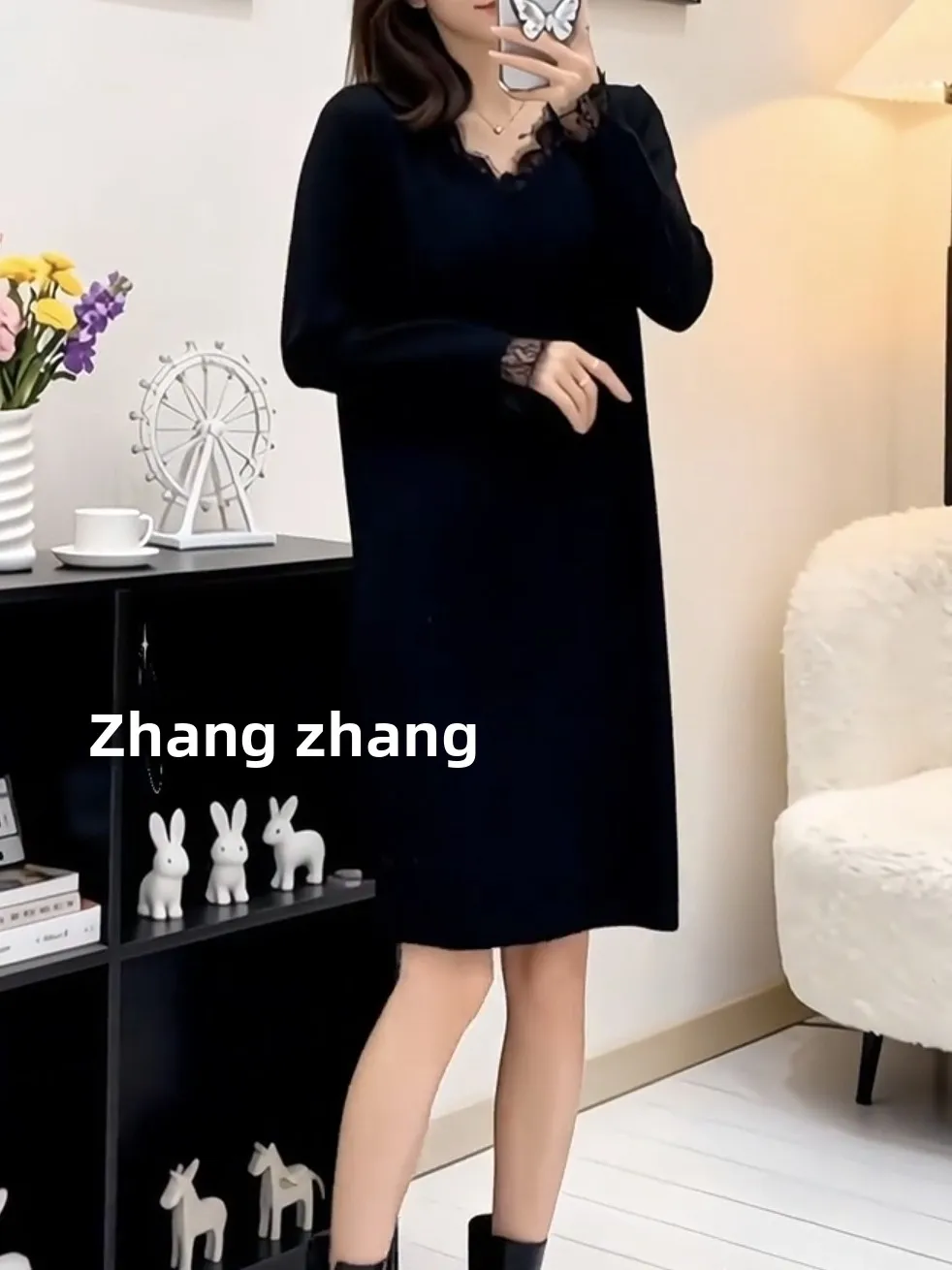 

Женское вязаное пальто-свитер больших размеров с кружевными вставками для осени и зимы, скрывающее недостатки фигуры, универсальное