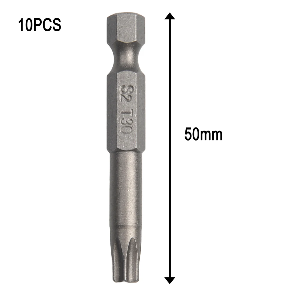 

Brand New Screwdriver Bit Bits 1/4 Hex Shank 10pcs Alloy Steel For Air Drills Silver T30 50mm Long Screwdriver
