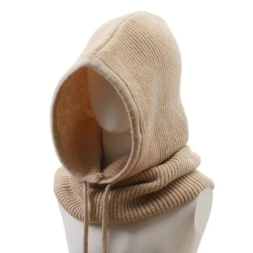 Knitted Balaclava Hat Hooded Thick Warm Pullover Beanies Drawstring One-Piece Neck Collar Winter Ski Mask Caps Winter Outdoor