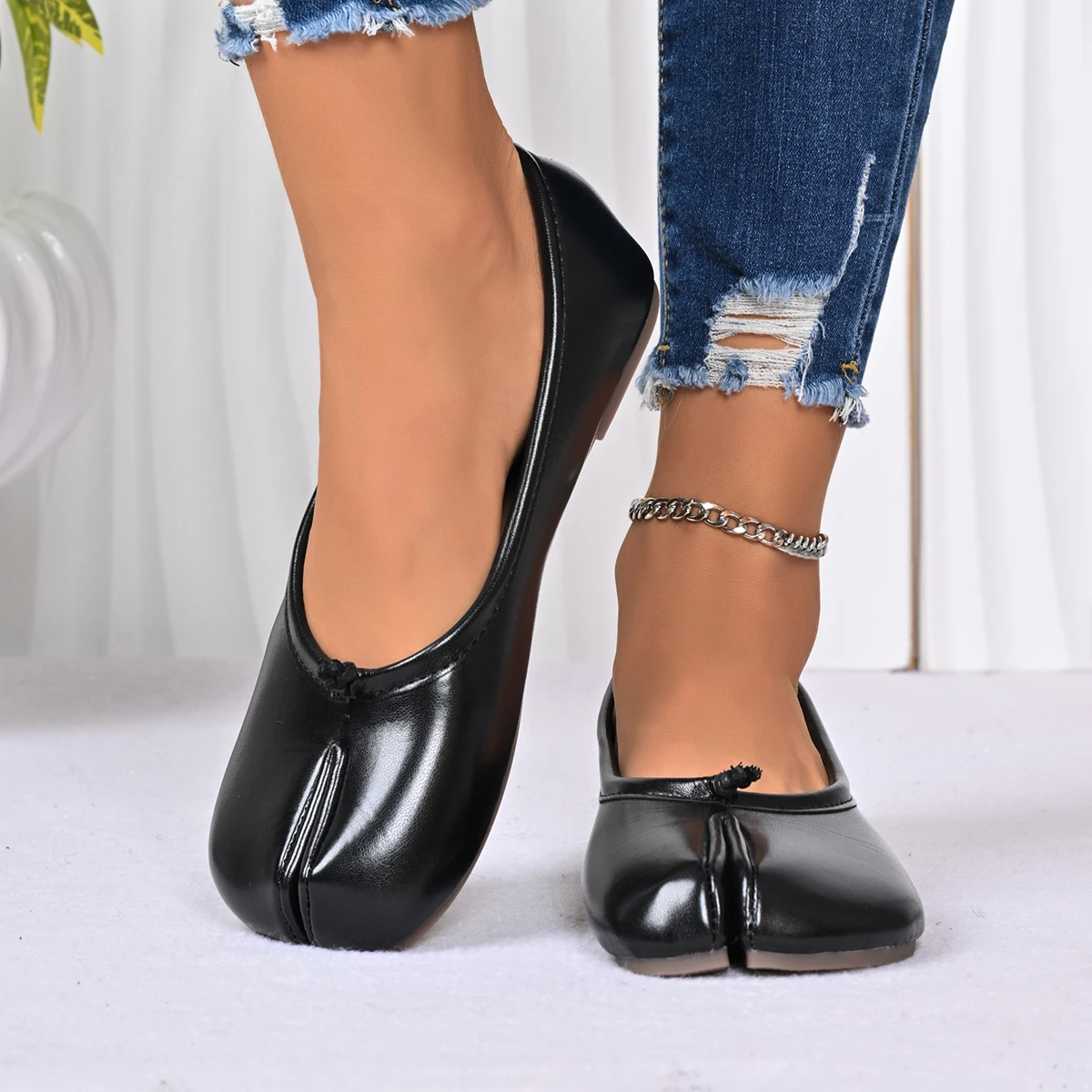 Tabis Ninja Shoes Black Ballets Flats Split Toe Bow Loafers Women Mary Janes Plus Size 42 Dress Slippers Ballerina Zapato Mujer