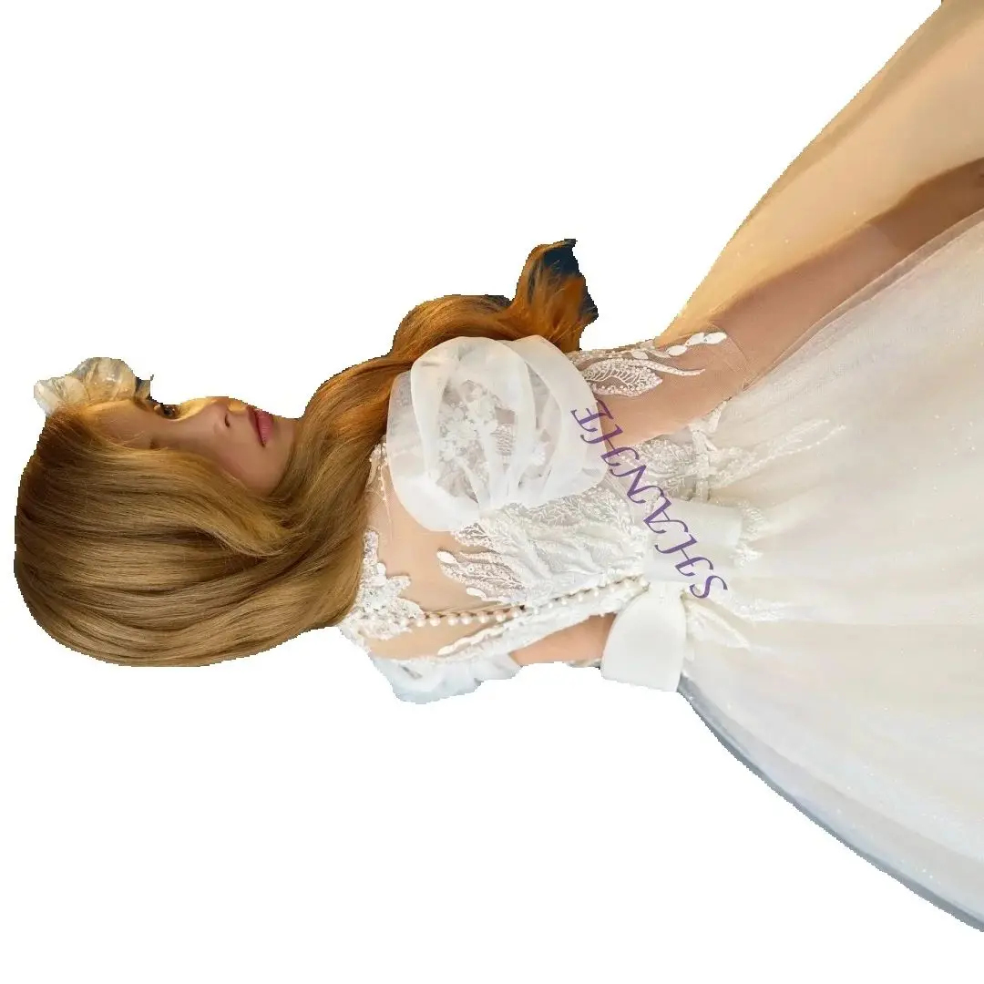 

Customized Ivory Lace Beaded Tulle Flower Girl Dress Puffy Skirt with Tail for Kids Birthday First Communion Baby Gown