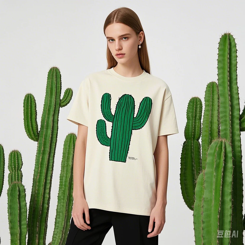 

Summer Women's Casual T-shirt Pure Cotton Breathable Round Neck Fashionable Cactus Print Comfortable Cool