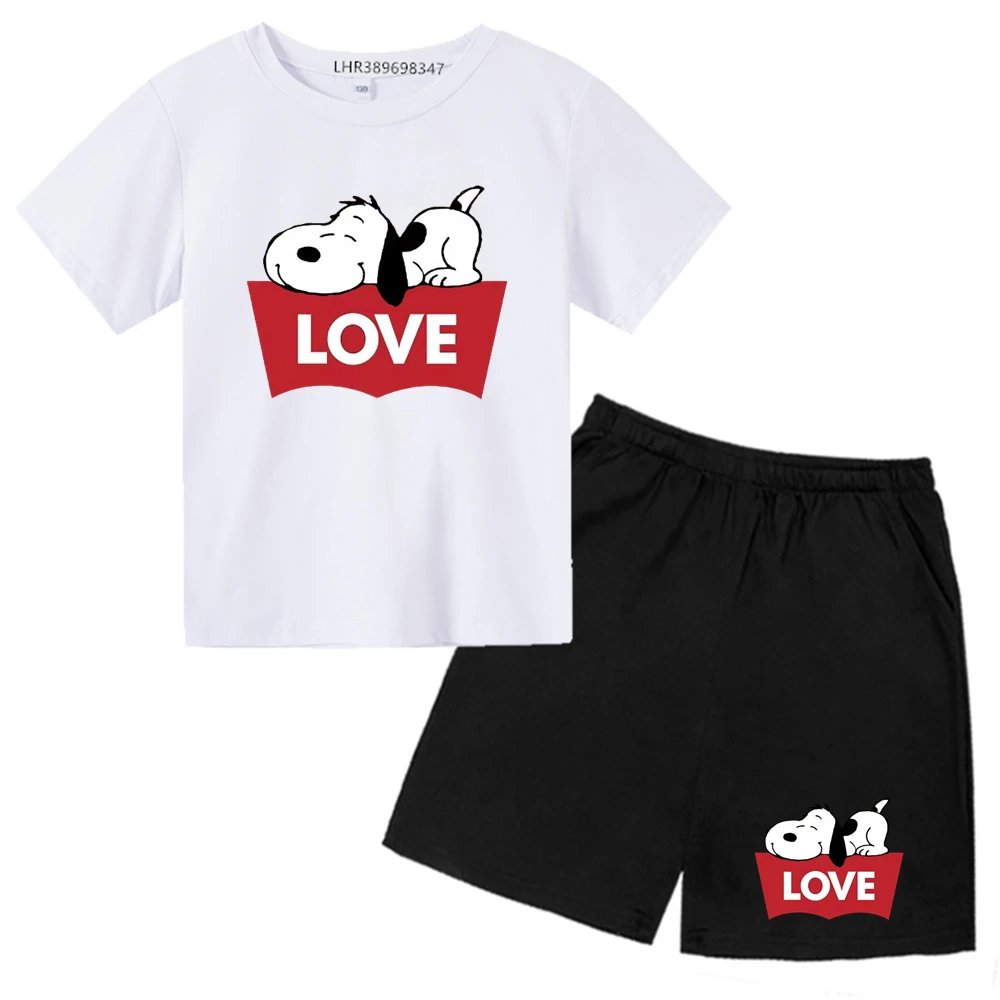 Black Summer Clothes Stylish Snoopy Party T-Shirts+shorts Set Girls Boys Round Neck Cotton TShirts Cute Short Sleeve Tee Shirt