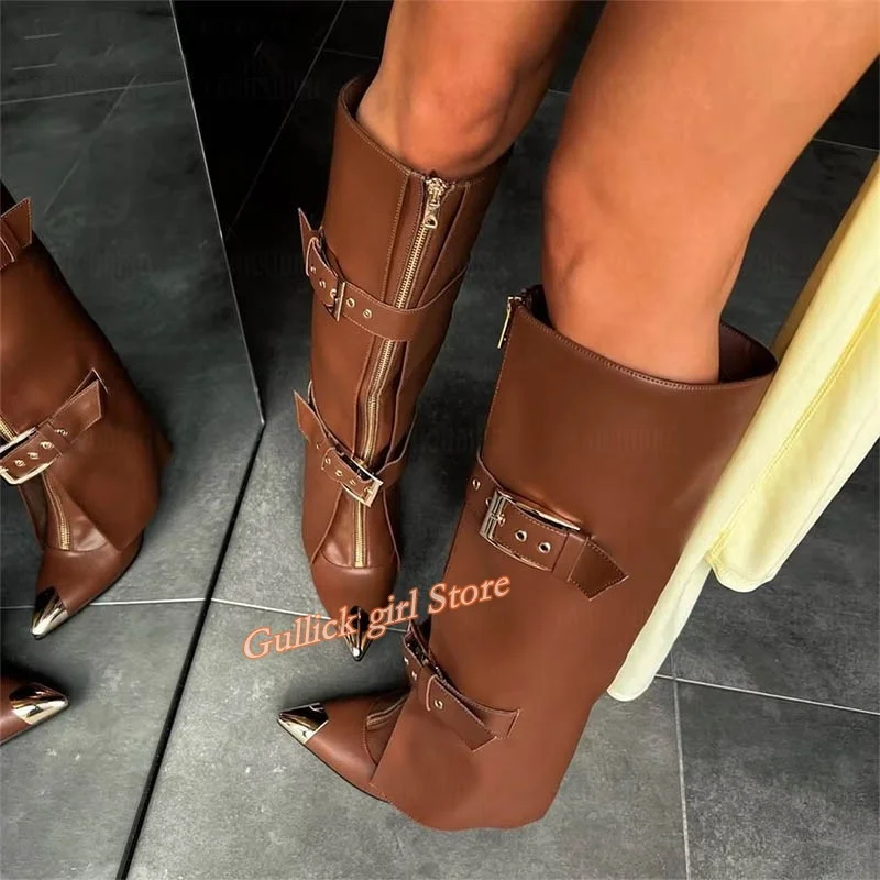 

Leather Turn Over Buckle Strap Boots Stiletto Thin High Heel Sexy Pointy Toe Brown Black Leather Winter 2026 Women Dress Shoes