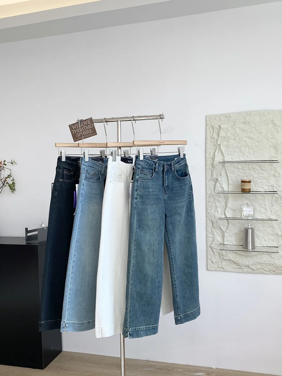 

Джинсы с высокой талией и прямыми штанинами, весна 2025: повседневные, универсальные, стройнящие, с вертикальным кроем, в корейском стиле, шикарные длинные брюки