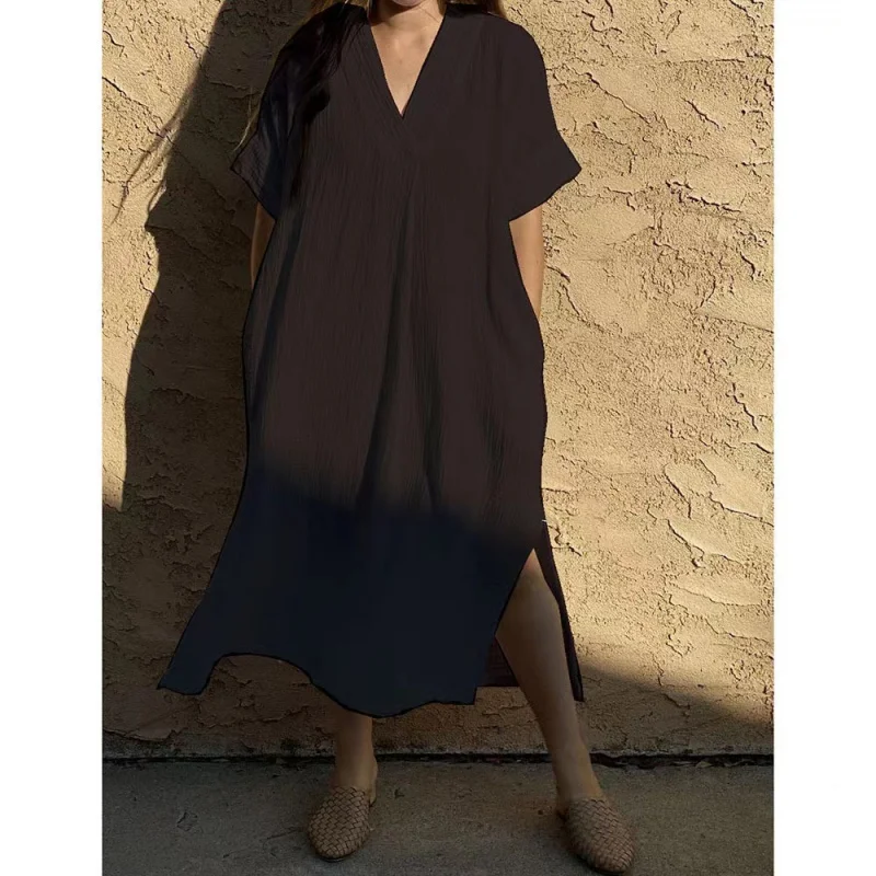 

Women's Minimalist Home Wear Dress, Beach Cover-up, Sun Protection Shirt, Wrinkle Cotton Rayon, Solid Color