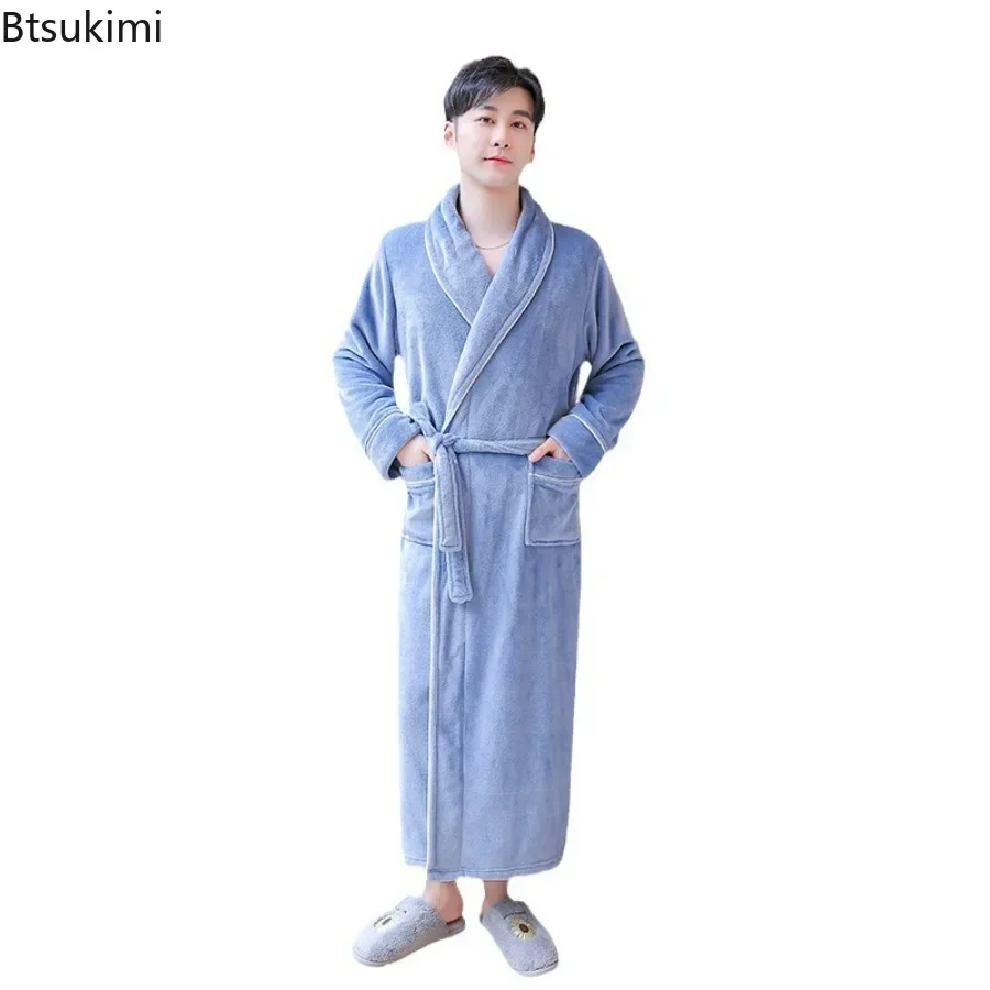 2024 Men\'s Autumn Winter Thicken Flannel Robes Dress V Neck Warm Bathrobe Men Couple Casual Comfortable Robe Dress for Sleepwear