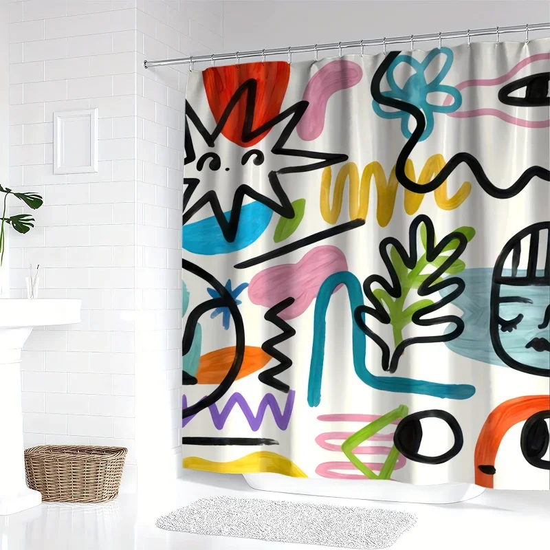 Abstract Art Cartoon Print Shower Curtain with Hooks - Waterproof, Machine Washable Polyester Fabric for All Seasons - Perfect B