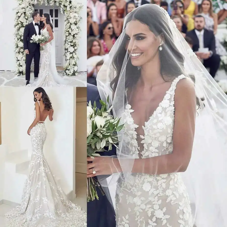 

Сексуальные пляжные платья русалки с открытой спиной и v-образным вырезом, 3D кружевная аппликация, скользящая труба, садовое свадебное платье