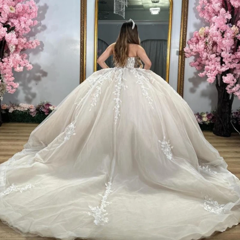 Light Champagne Princess Quinceanera Dresses Ball Gown Off The Shoulder Lace Applique Tull Mexican Corset Sweet 16 Dress Vestido