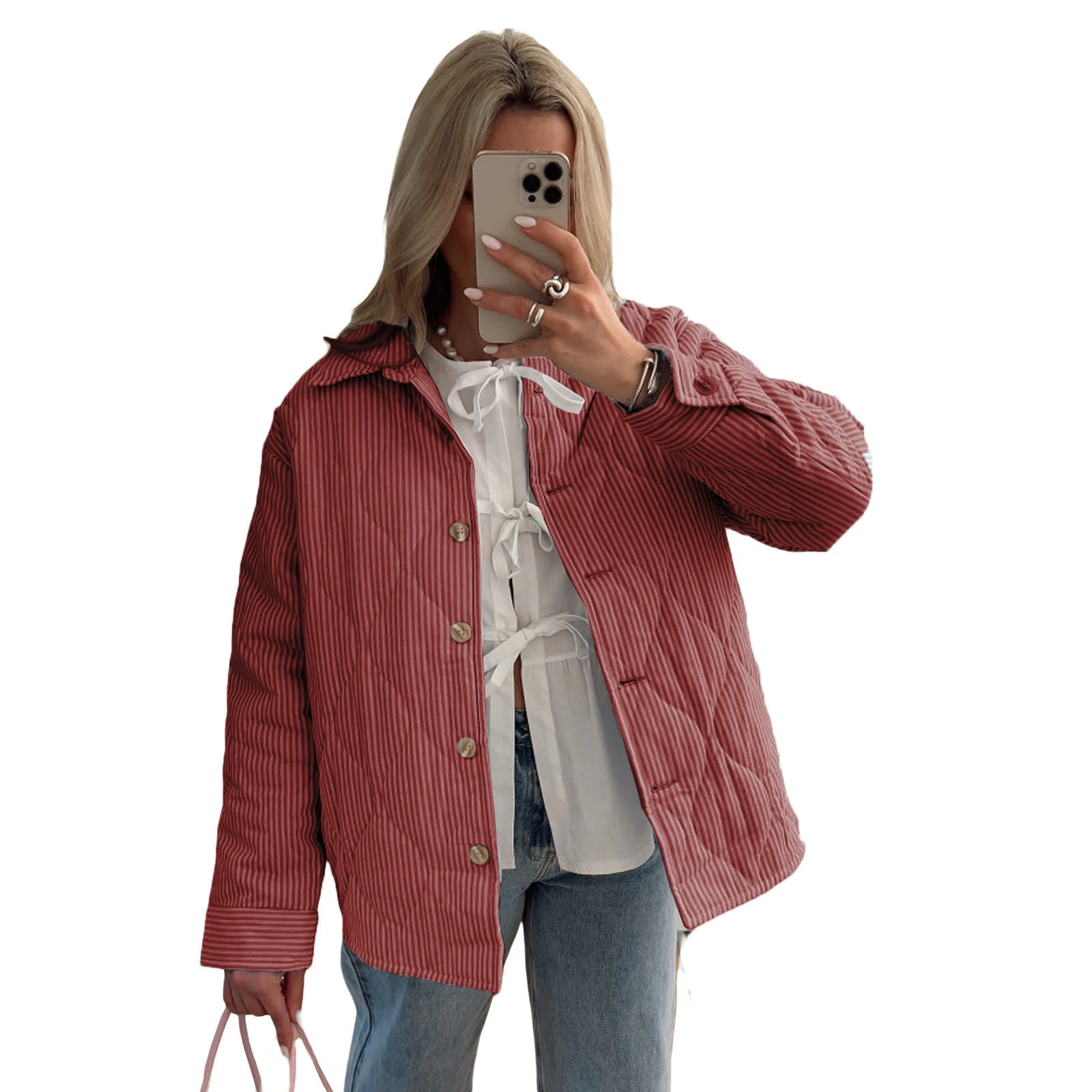 Women\'s Clothing Fall Winter Trend Puffer Jacket Stripe Turn-Down Collar Buttons Quilted Coat  Long Sleeve Padded Outerwear