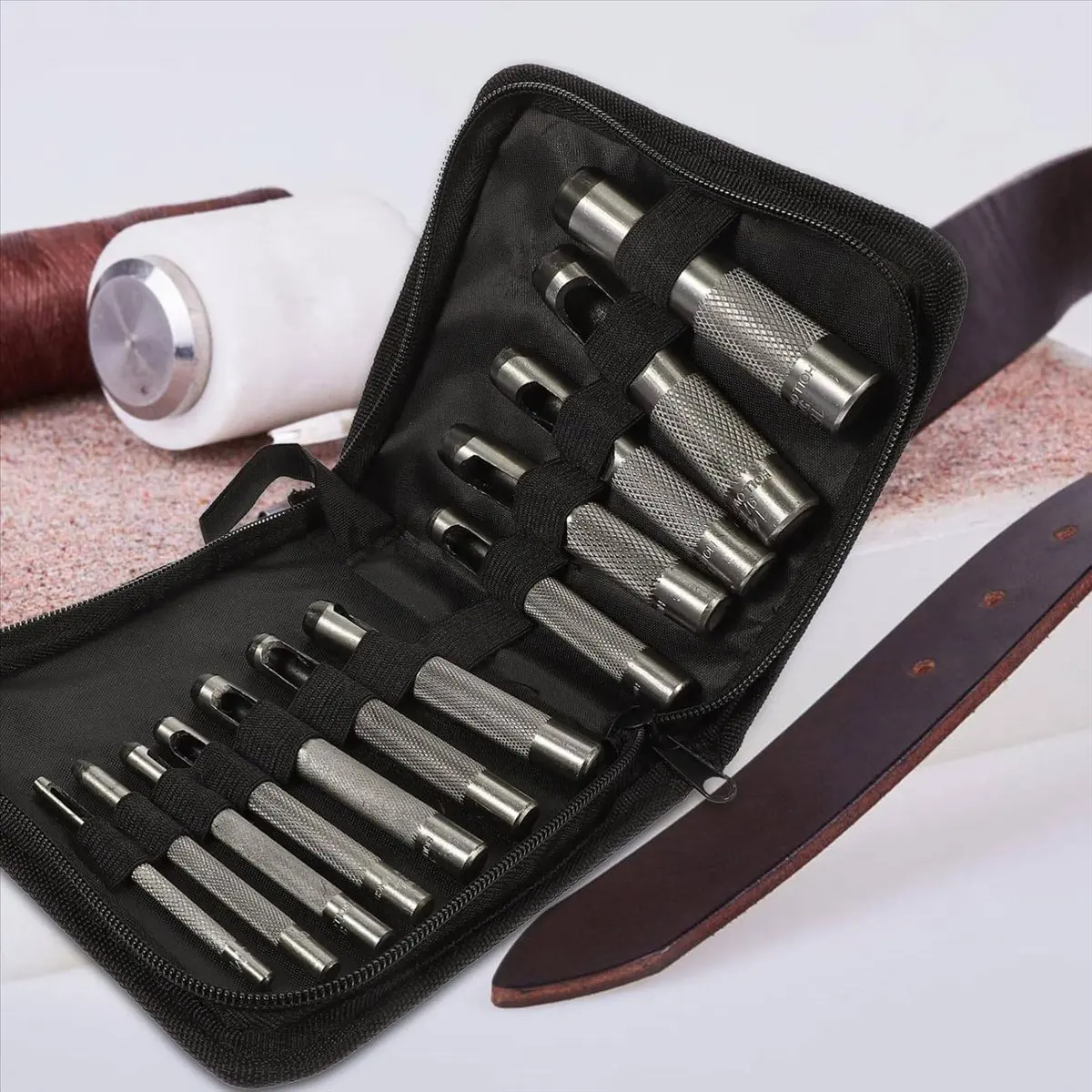 A74U 12 PCS Steel Hollow Leather Punch Set 1/8-3/48 Inch(3-19mm) Heavy Duty Round Hole Punch Set for Watch Cloth Belt Gaskets