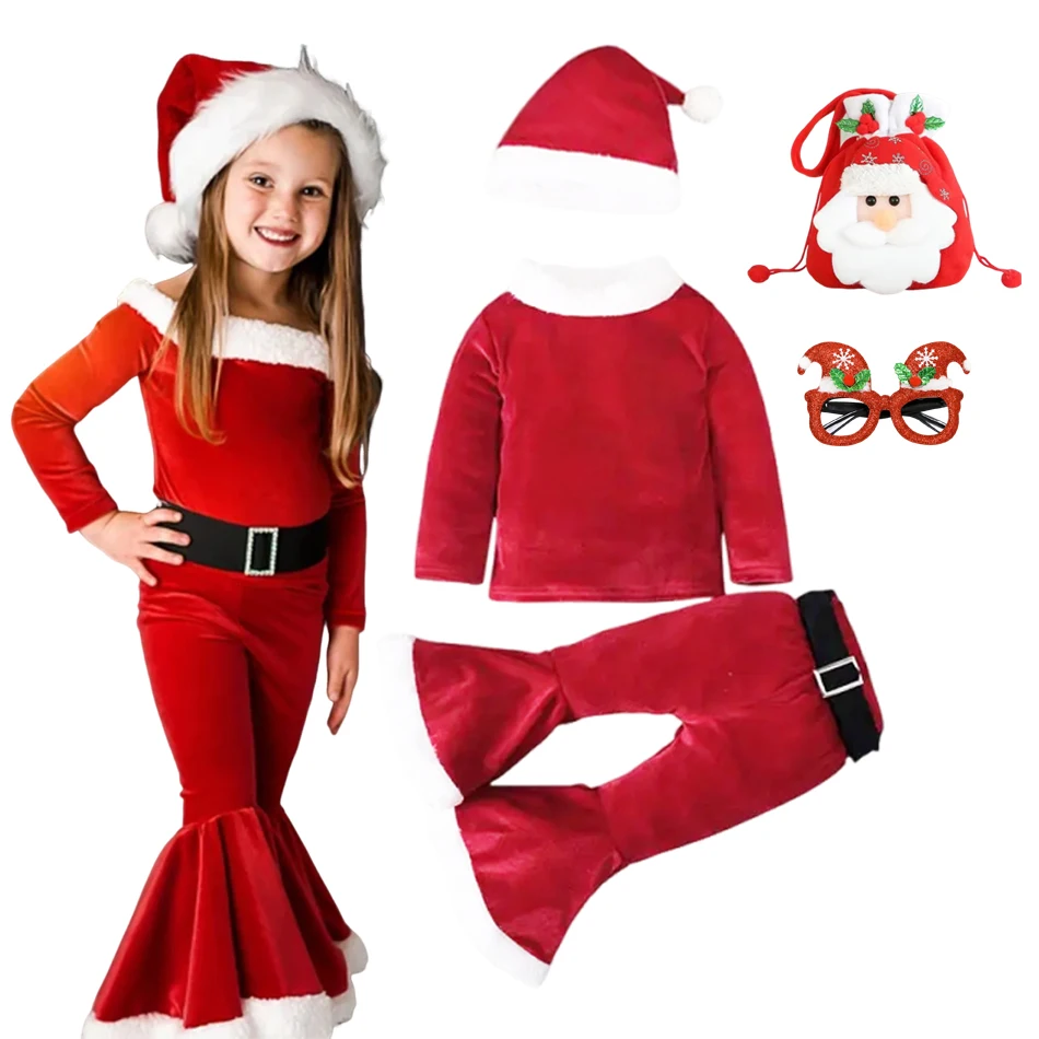 Girls Christmas Bell Bottom Set Costume Festival Santa Clause New Year Kids Clothing Set With Hat Fancy Xmas Party Outfit