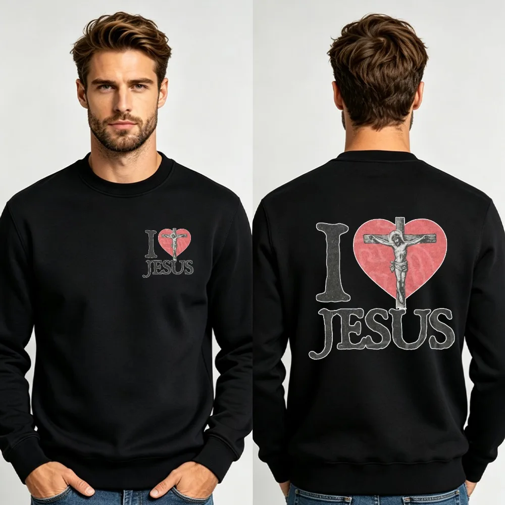 Men I Love Jesus Heart Crucifix Double Sided Crewneck Sweatshirt Retro Distressed Christian Religious Loose Pullover Sweatshirt