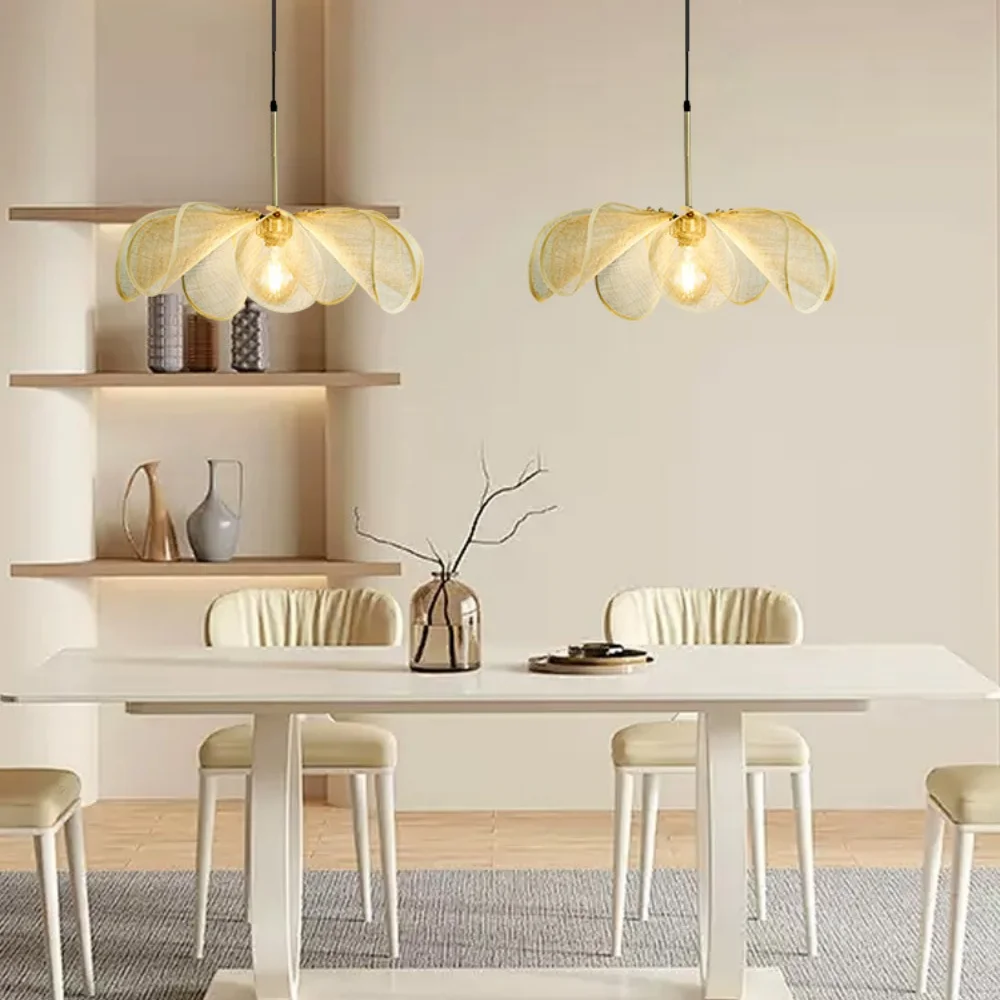 Bohemian Petal Fabric Pendant Light Height Adjustable With Glass Ball Hanging Lamp Dining Room Bedroom Living Room Ceiling Lamp