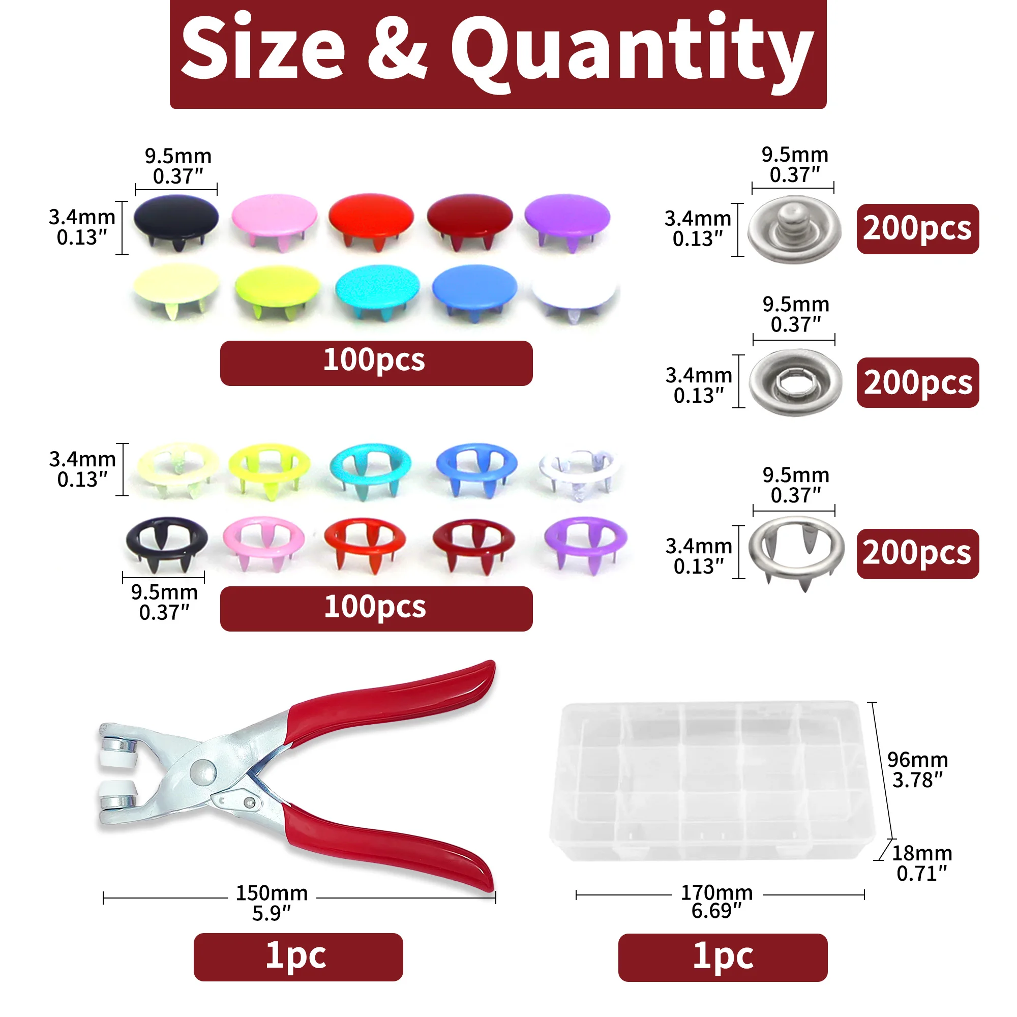 금속 스냅 단추 키트, 스냅 온 버튼 및 스냅 패스너 도구, 다채로운 금속 스냅 버튼, 스냅 클로저 재봉, 200 세트, 9.5mm