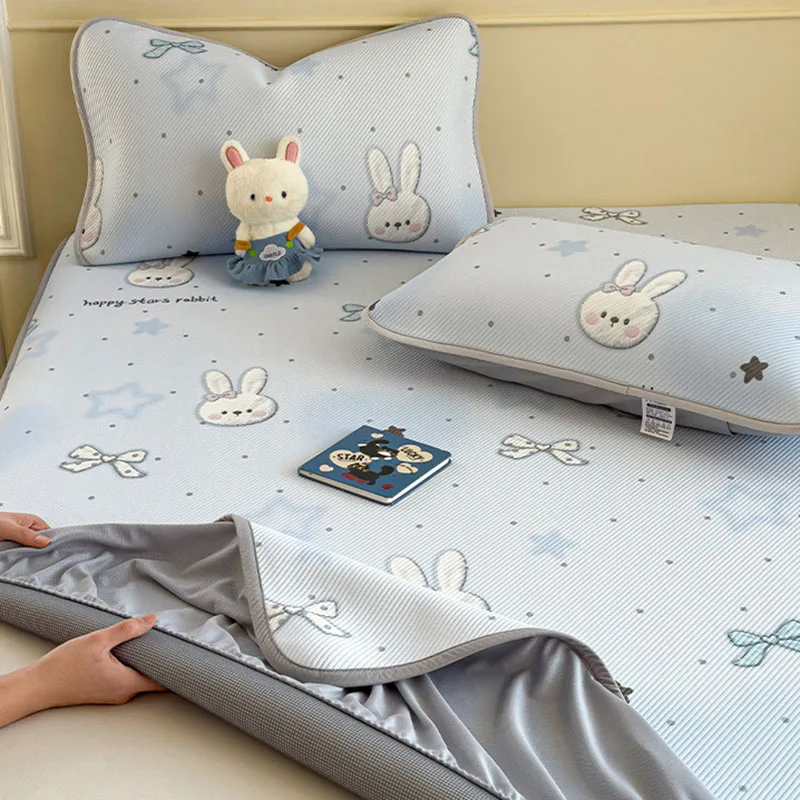 Luxury Cartoon Printed Fitted Bedsheet Set High Quality Summer Sleeping Mat with Pillowcases Ice Bean Cooling Bedding for Single
