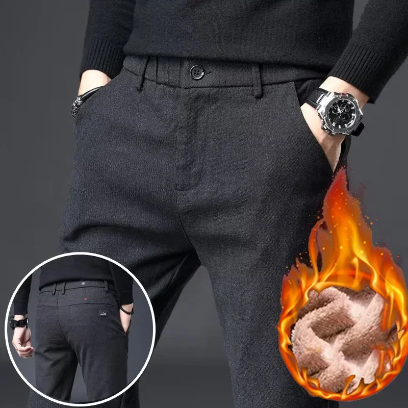 Autumn Winter Men\'s High Quality Brand Business Casual Pants Straight Leg Narrow Leg Fleece Thermal Elastic Waist Trousers Male