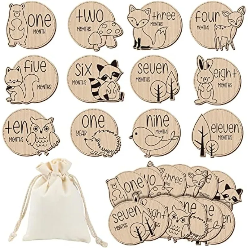 12 Pcs Wooden Baby Milestone Cards with Linen Bag Baby Monthly Milestone Marker Discs Signs Baby Announcement Cards Photo Props