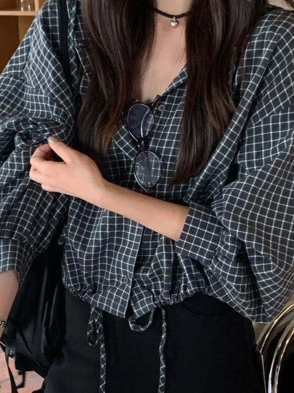 Korean Style Loose Fit Plaid Shirt Women's Long Sleeve Drawstring Hooded Short Length Sun Protection Casual Top Fashionable