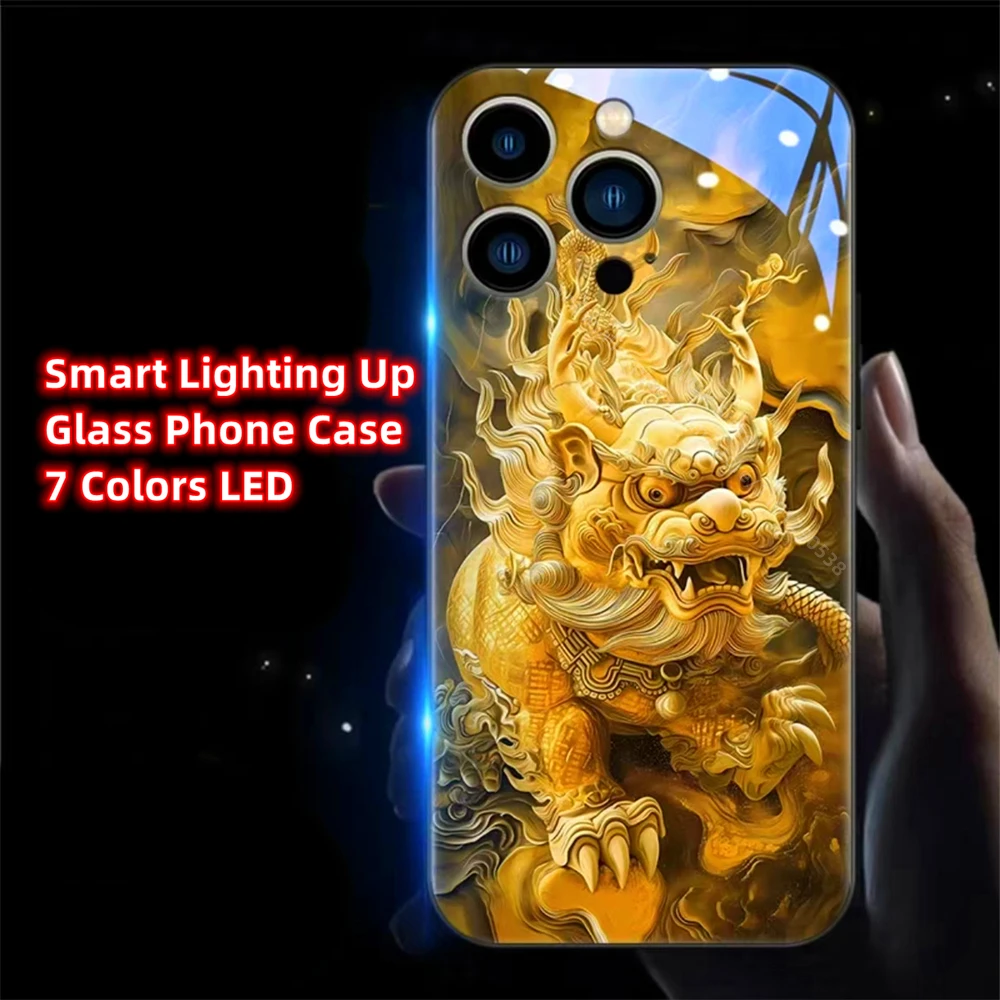 

Golden God Beast Sound Control LED Flash Cases Luminous Cover For iPhone 16 15 14 13 12 11 Pro Max X XS XR Plus SE