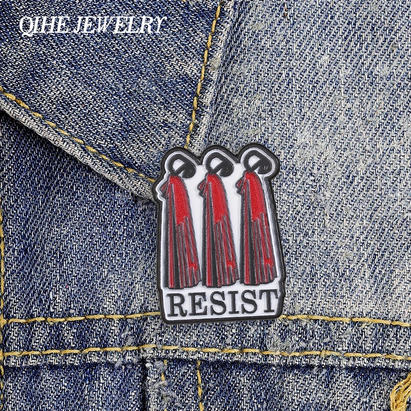 Feminist Quote RESIST Enamel Pins Punk Three Hooded Figures In Red Cloaks Brooches Backpacks Lapel Badges Jewelry Gift for Women