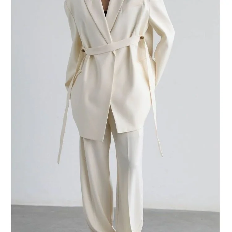 High Quality Two Piece Suit Pant Set White Long Sleeve Loose and Casual Blazer Jacket Medium Length With Wide Leg Pants