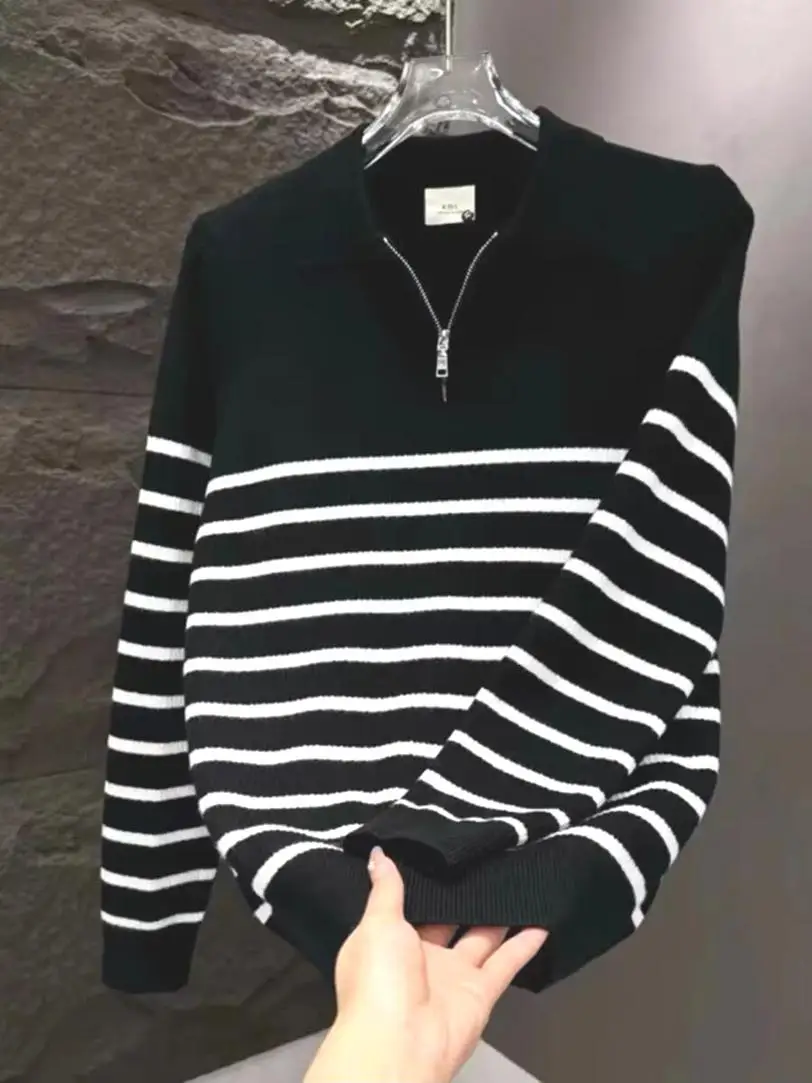 

Мужской повседневный трикотажный свитшот в полоску, приталенный, с длинным рукавом, универсальный, шерстяной, с отложным воротником на молнии