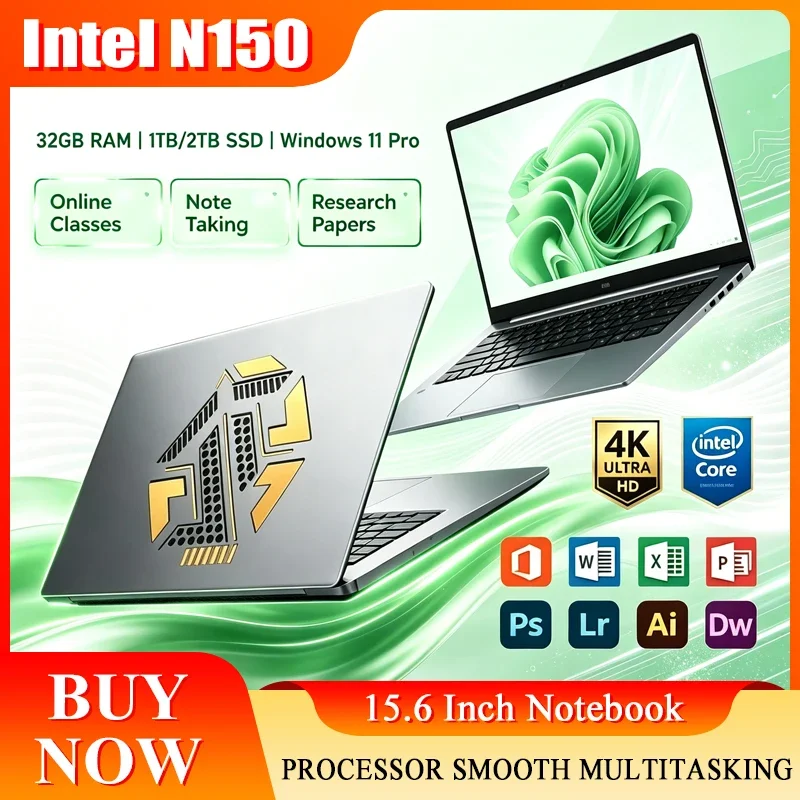 New 15.6'' Laptop Intel Core N150 32GB 2TB Gaming PC Ultra Slim Office Study Computer PC Windows 11 Pro 1920*1080 HD