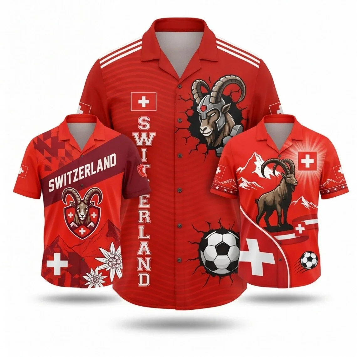Switzerland Hawaiian Shirts Trio, Red Soccer Fan Outfit, Flag Alpine Goat Mountain Vacation Gift for Match Party Wear