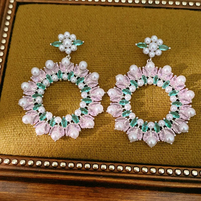 Pink Green Contrast Vintage Wreath Imitation Pearl Zircon Dangle Earrings, Round Floral Wedding Bride Women Jewelry