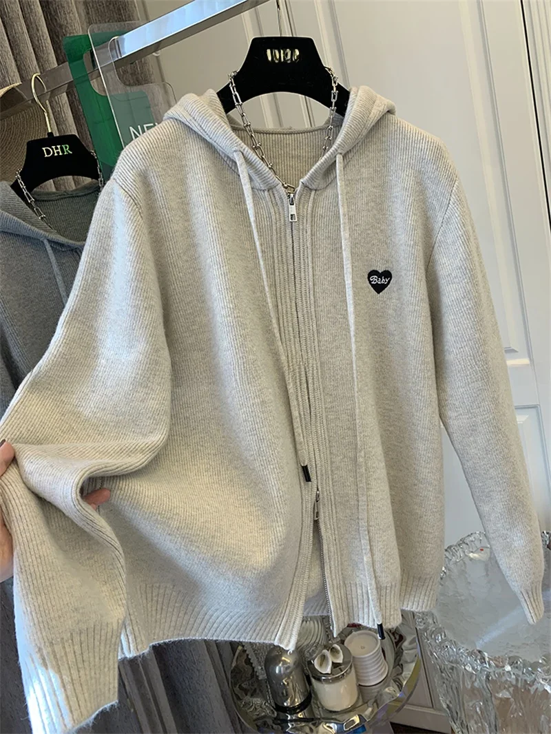 

Fashionable Minimalist Heart Zipper Hoodie Women's Knitted Sweater Thick Outerwear Lazy Style Autumn Winter New Arrival