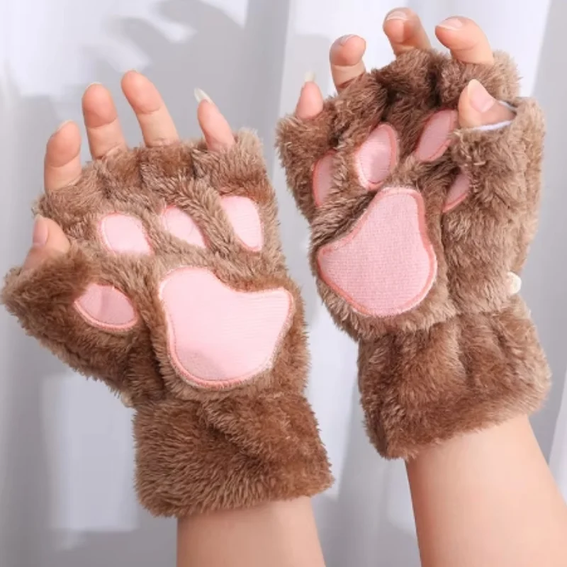 Fashion Girls Lovely Cat Claw Paw Plush Mittens Warm Soft Plush Short Fingerless Women Leisure Bear Cat Gloves Half Finger Gifts