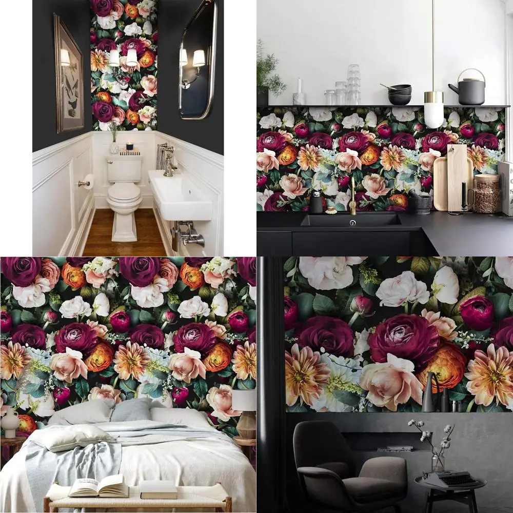 

Съемные обои с розами и ромашками в черном, розовом и фиолетовом цветах, 17,7 x 32,8 футов