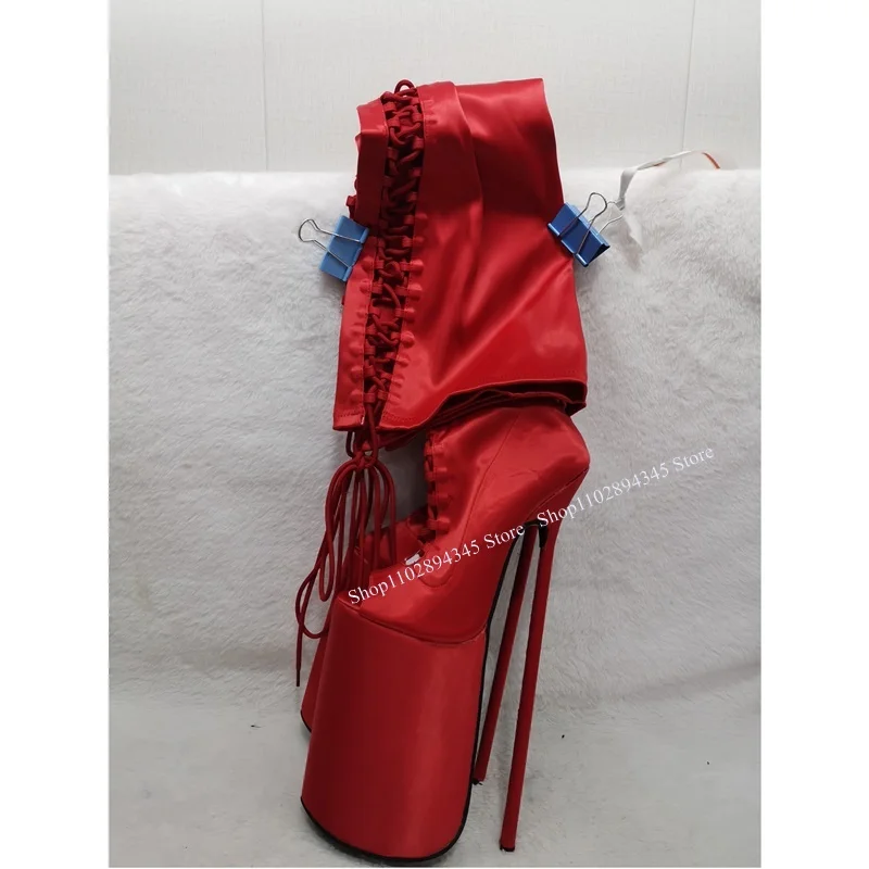 

Red Over Knee High Lace Up Platform Boots Thin High Heel Fashionable Cool Winter Casual Big Size Woman Shoes Zapatillas Mujer