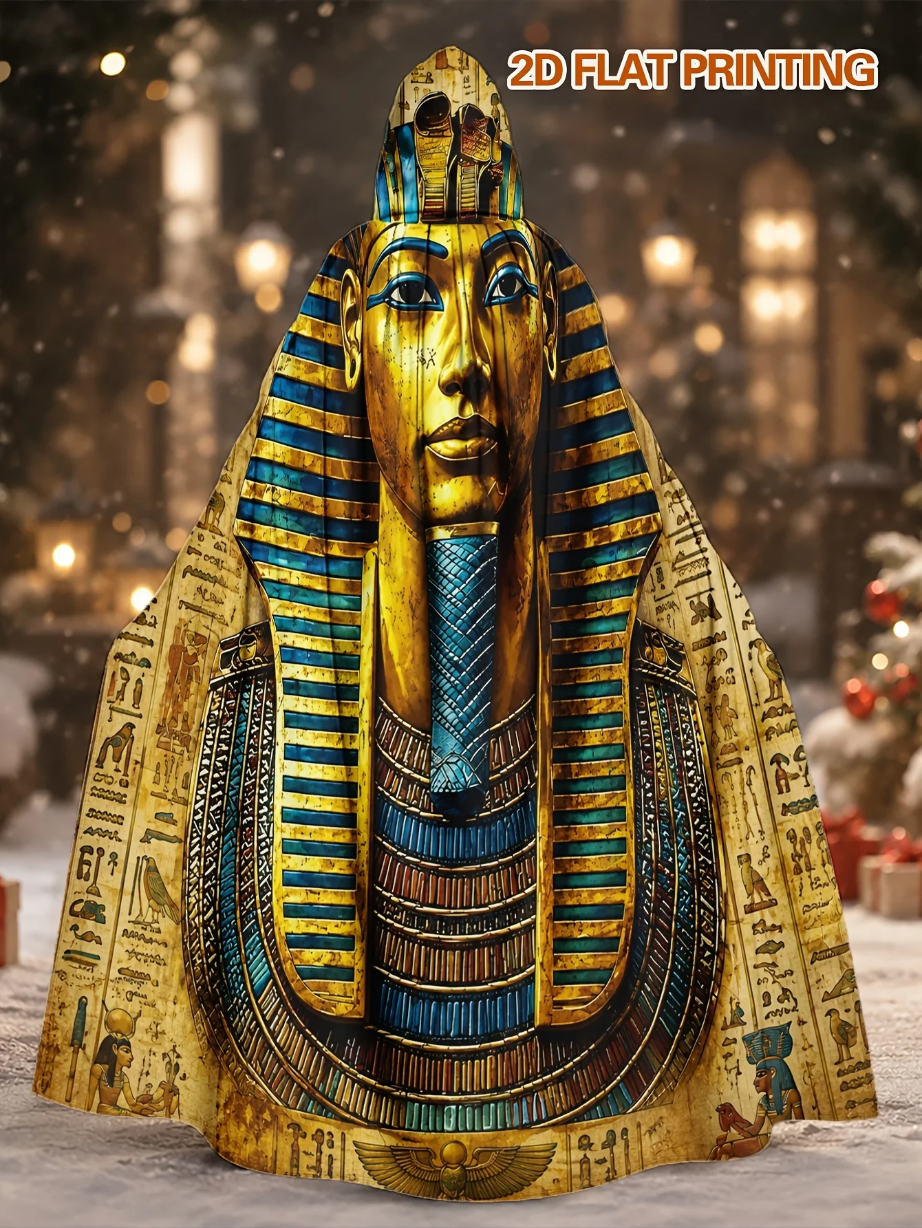 Customization 1pc Polyester Hooded Robe With Golden Pharaoh Bust And Hieroglyphs Pattern For Men And Women, Suitable For Hallowe