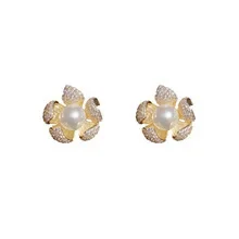 Gorgeous Brilliant Zirconia Big Simulated Pearl Elegant Flower Petals Bridal Wedding Stud Earrings for Women